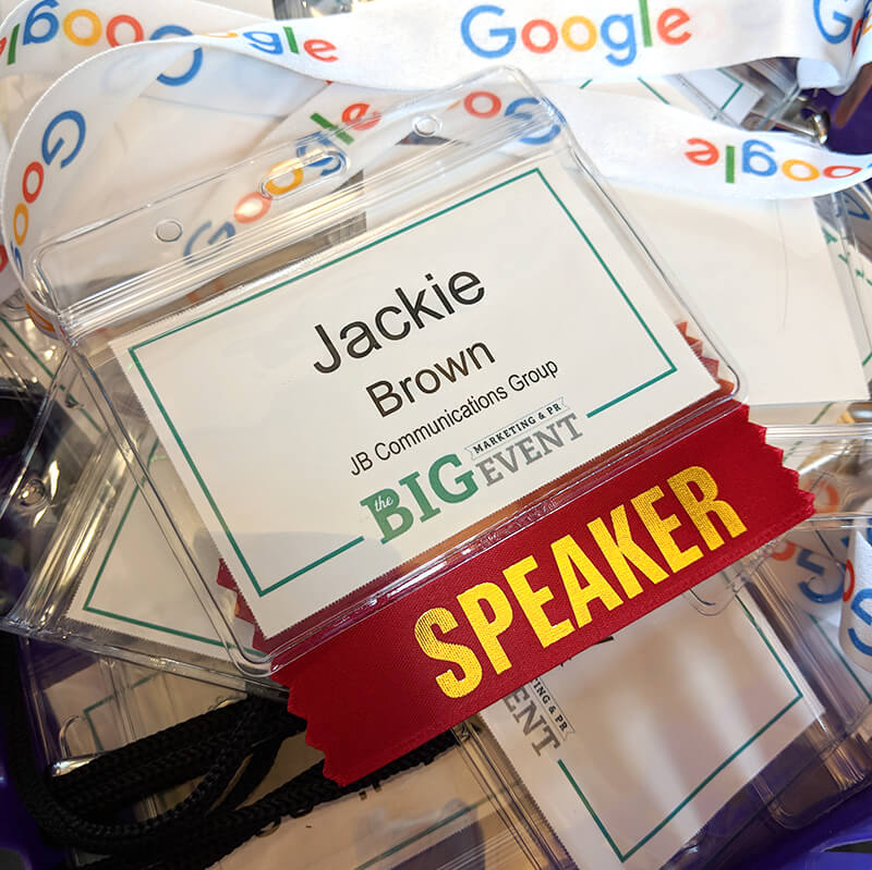 Conference speaker name tag for Jackie Brown